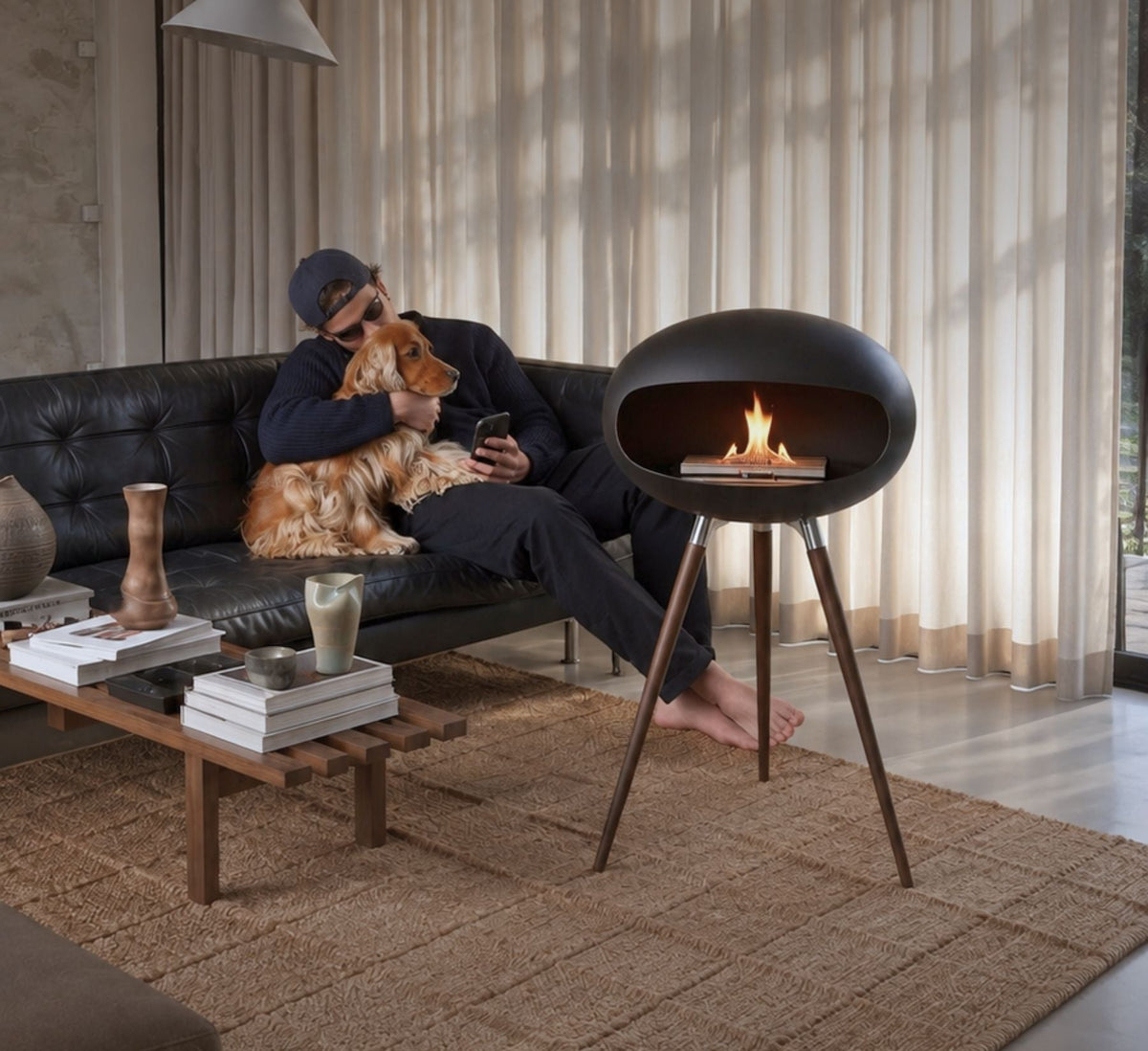 Oscar black tripod bioethanol fireplace lit in a family living room, ARDĒO