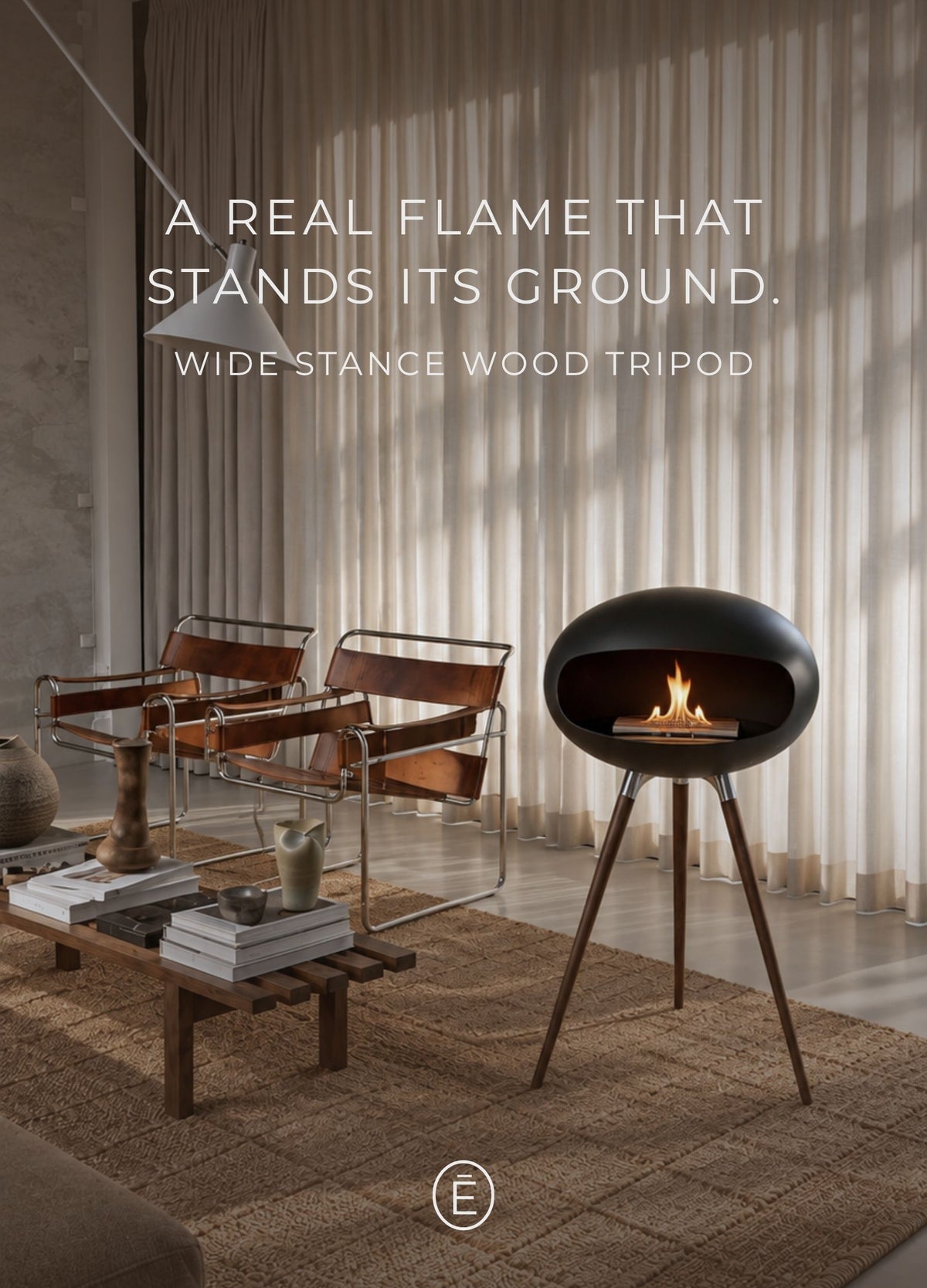 Oscar black tripod bioethanol fireplace lit, a real flame by next weekend, no installation, no renovation