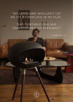Customer quote next to a lit Oscar black tripod bioethanol fireplace, ARDĒO