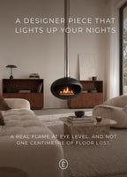 Paul black and chrome hanging bioethanol fireplace lit, a fire that floats, a real flame at eye level