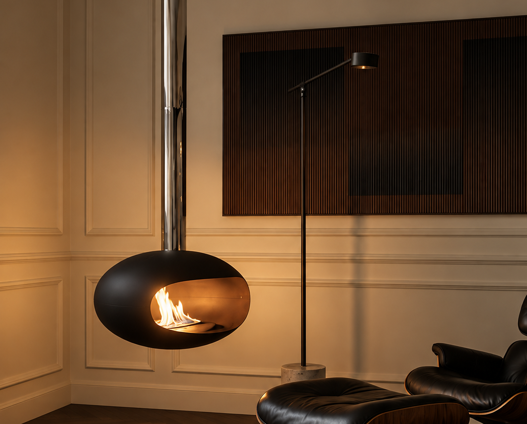 Paul black and chrome hanging bioethanol fireplace suspended from the ceiling, unlit, ARDĒO