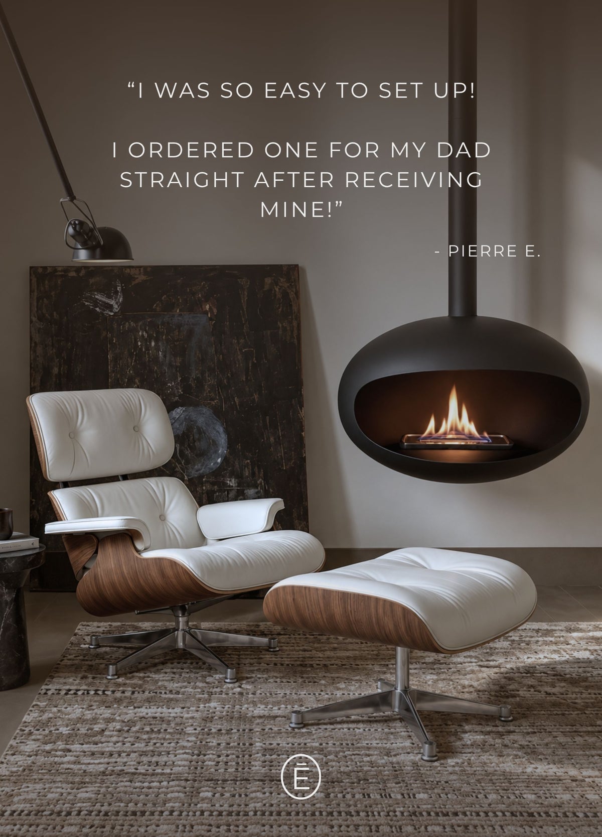 Customer quote next to a lit Paul black hanging bioethanol fireplace, ARDĒO