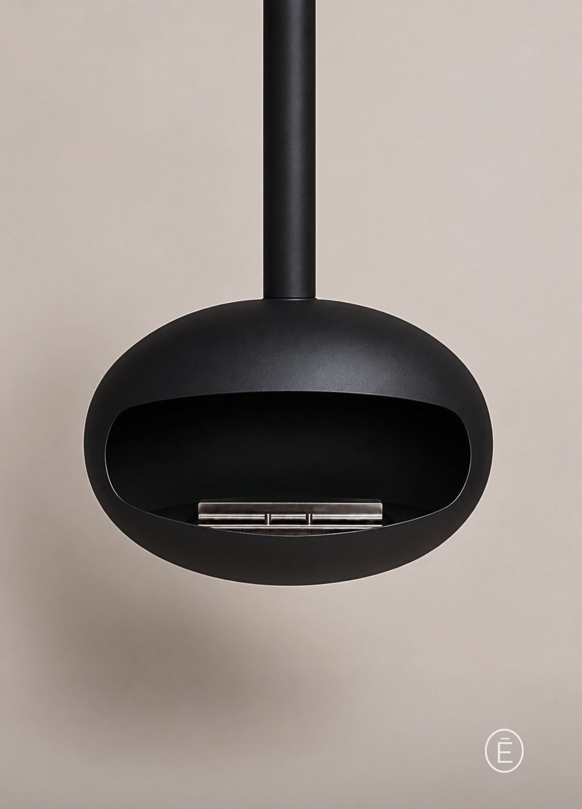 Paul black hanging bioethanol fireplace, unlit, on white background