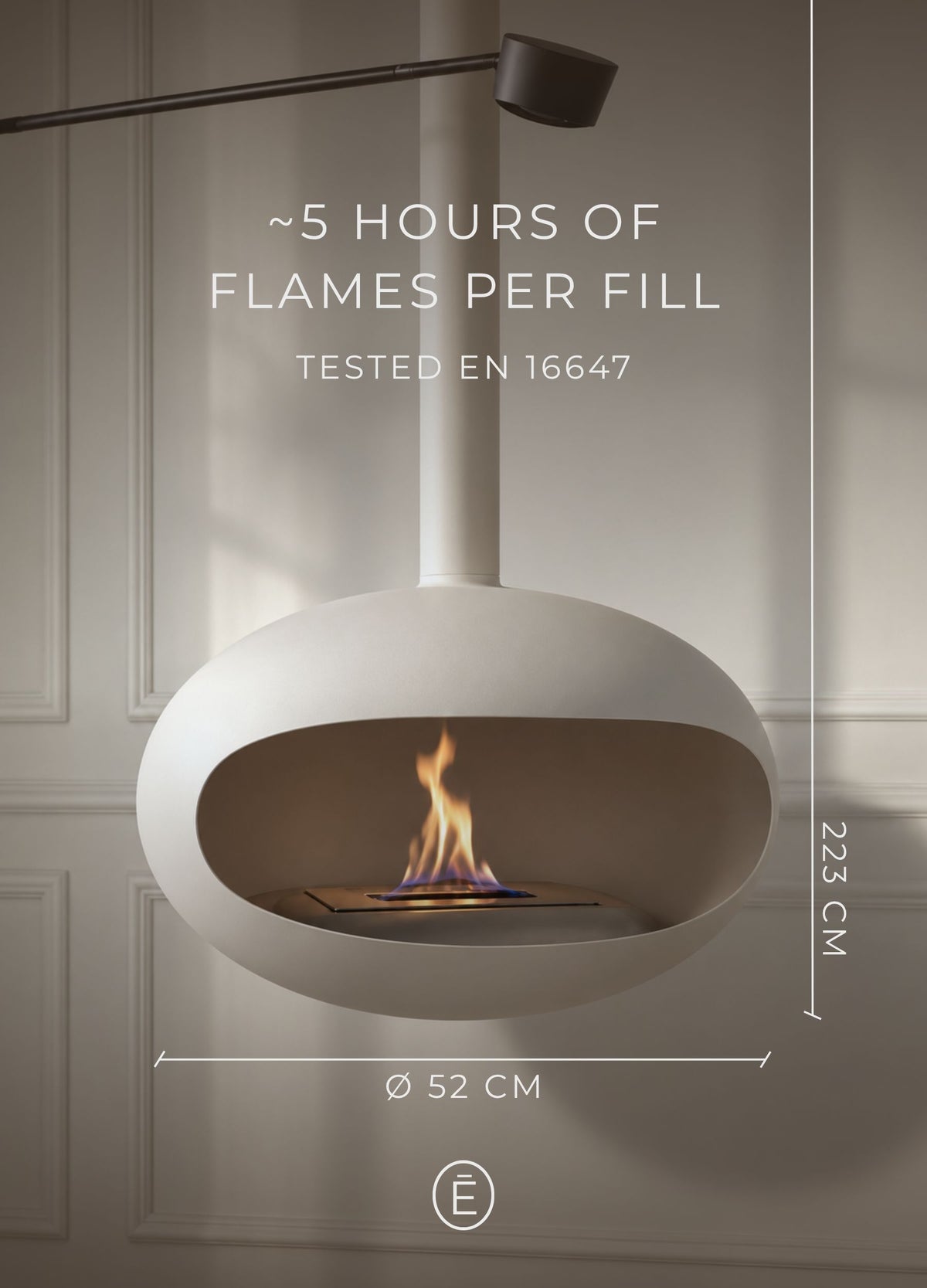Paul white hanging bioethanol fireplace, 52 cm shell, ceiling fixing, 5 hours per fill, EN 16647