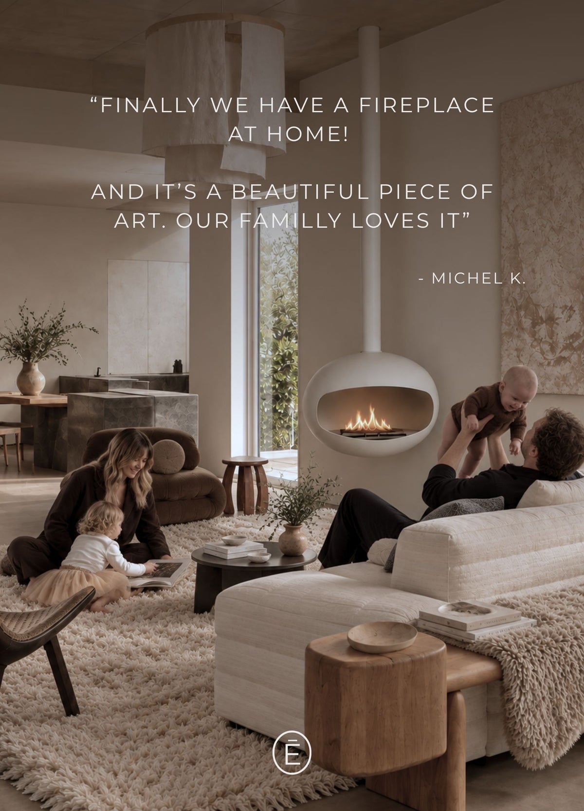 Customer quote next to a lit Paul white hanging bioethanol fireplace, ARDĒO