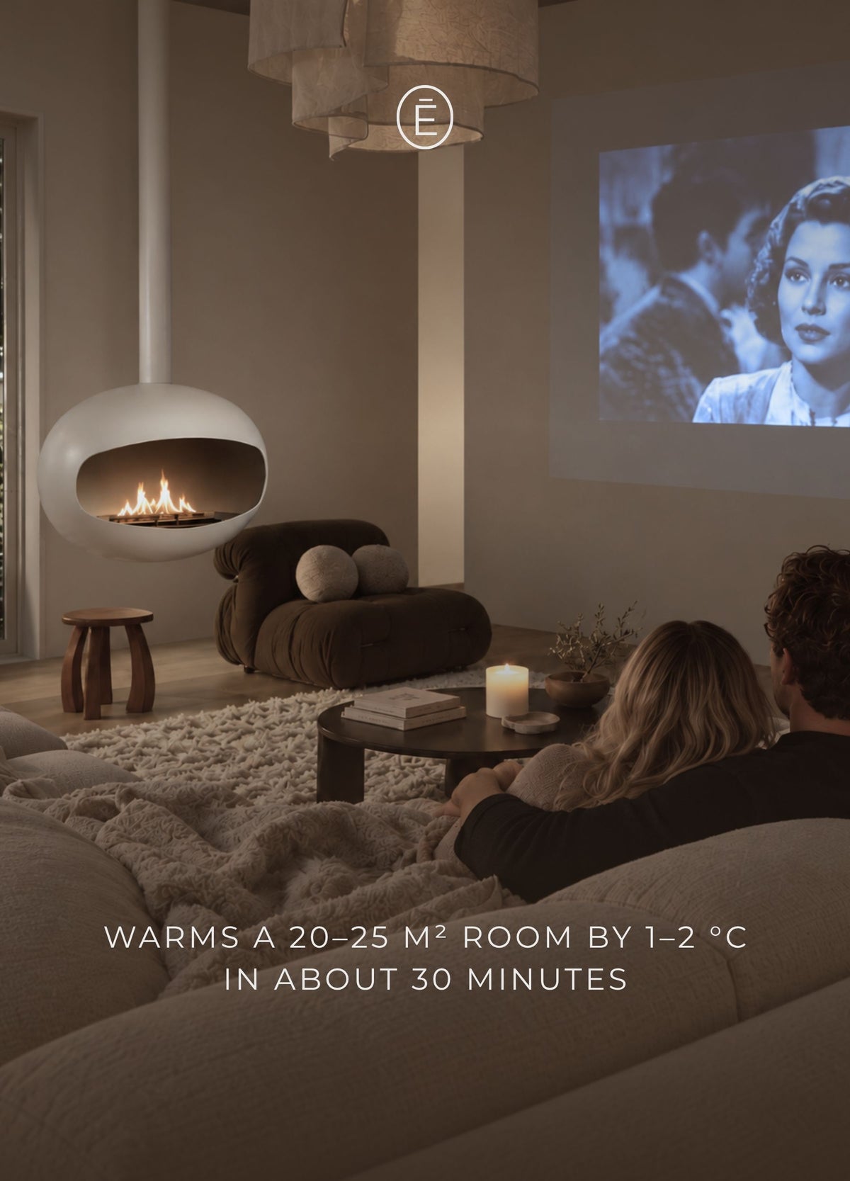 Paul white bioethanol fire warms a 20–25 m² room by 1–2 °C in 30 minutes