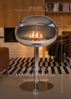 Sophia chrome bioethanol fireplace, 52 cm shell, 83 cm high, 5 hours per fill, EN 16647