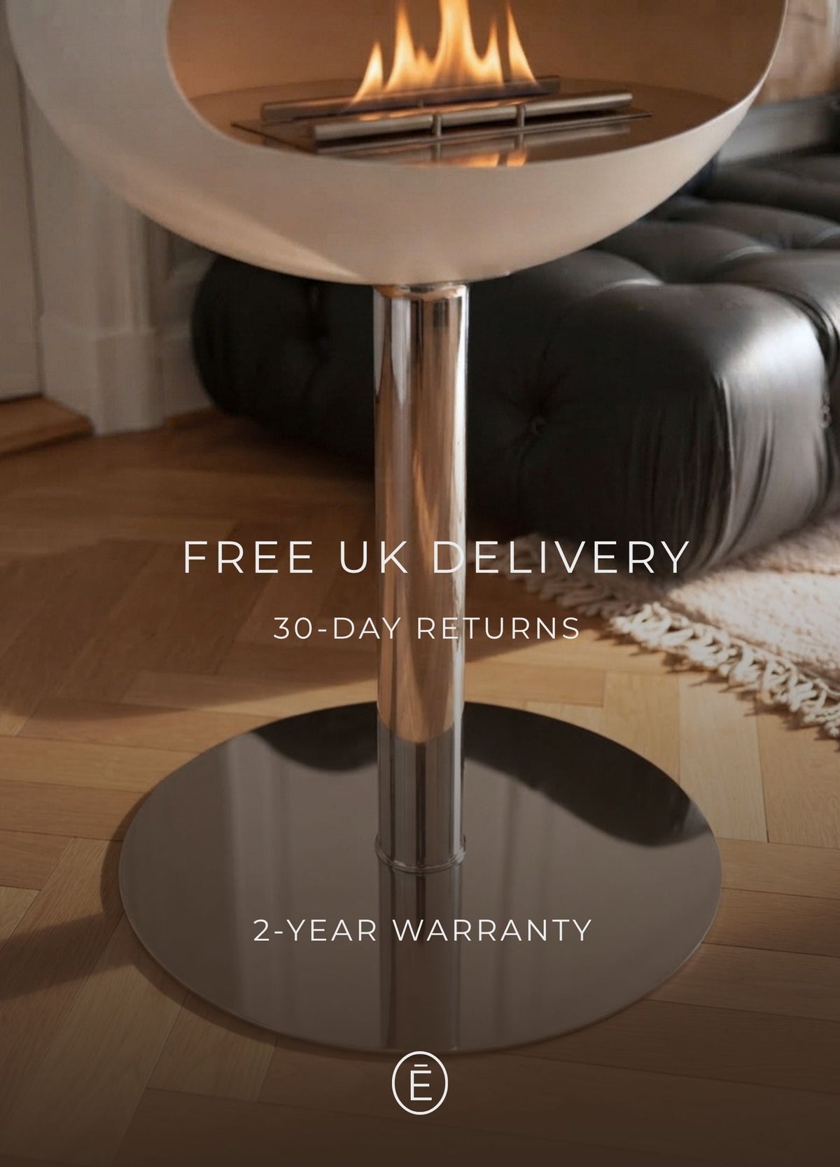 Sophia white and chrome bioethanol fireplace, free UK delivery, 30-day returns, 2-year warranty