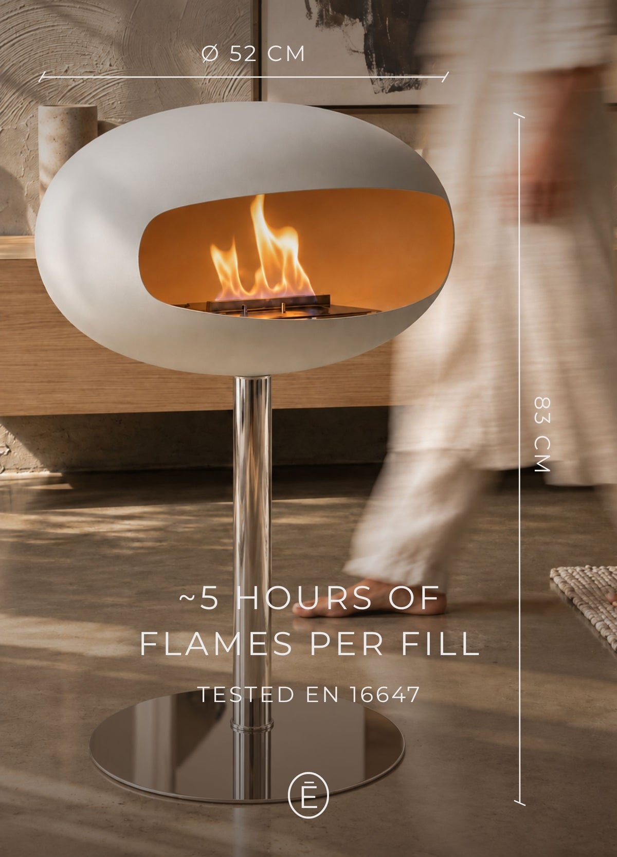 Sophia white and chrome bioethanol fireplace, 52 cm shell, 83 cm high, EN 16647