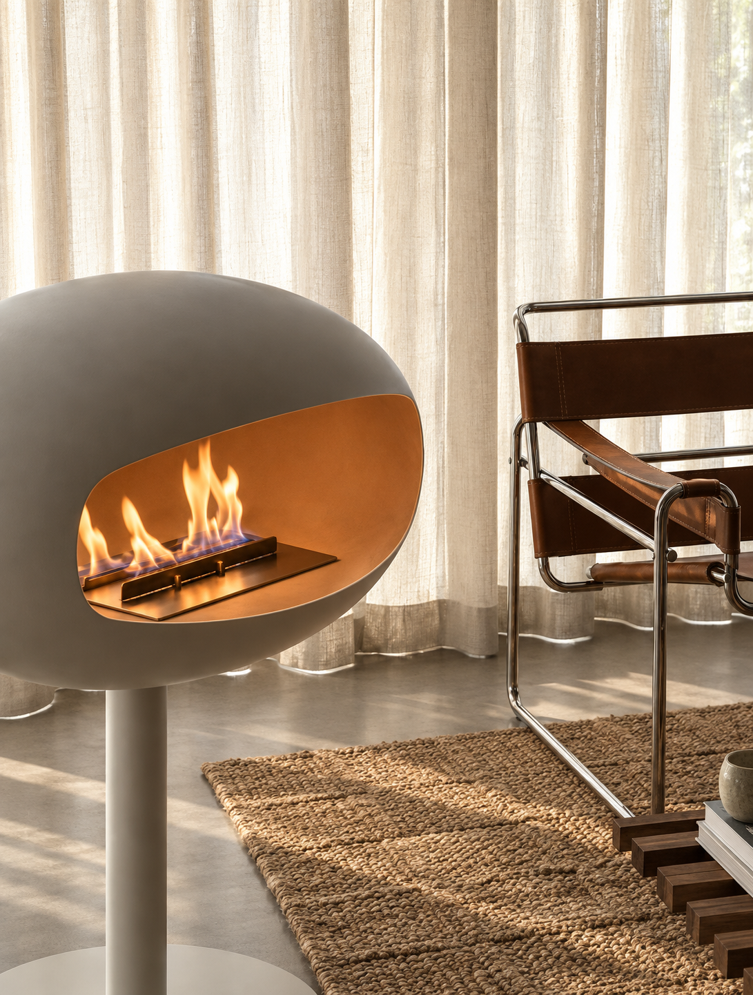 Sophia white bioethanol fireplace lit in a living room with leather armchair, ARDĒO