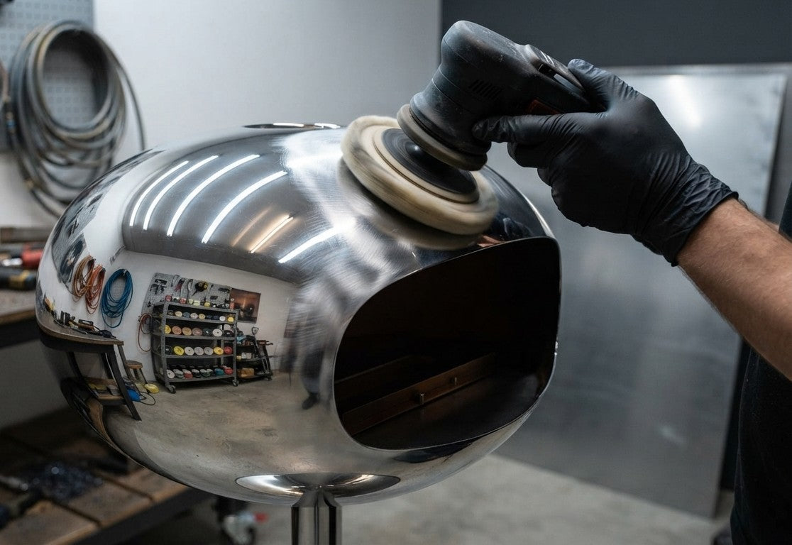 Polishing the steel shell of an ARDĒO fireplace