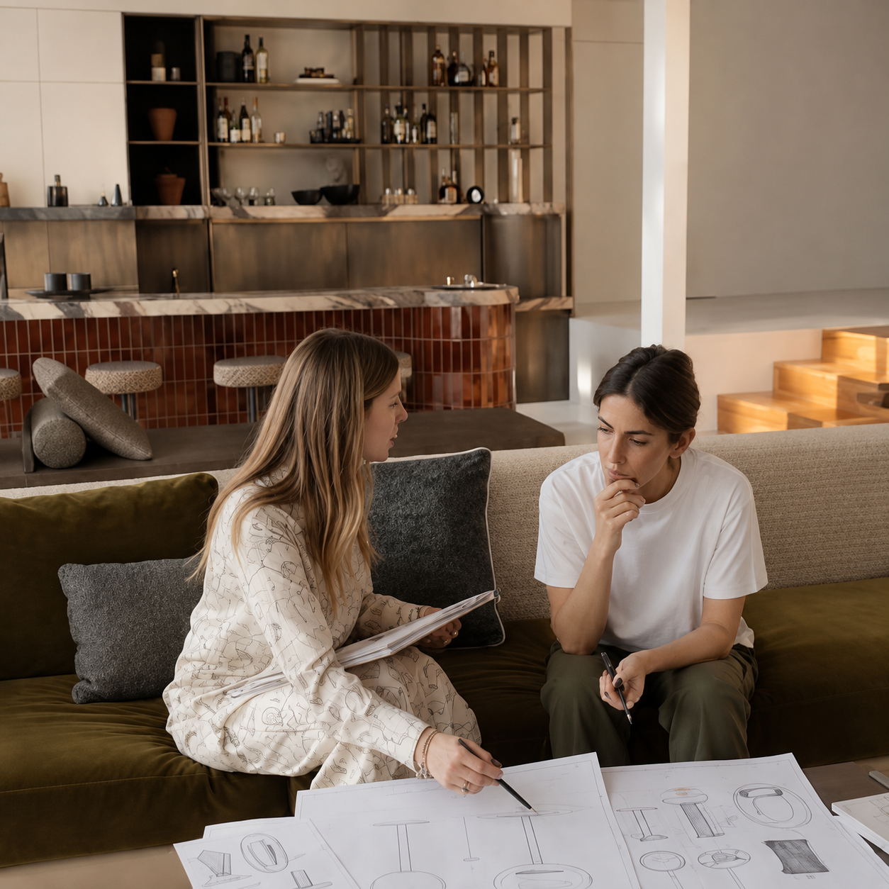 ARDĒO founder reviewing fireplace sketches with a friend
