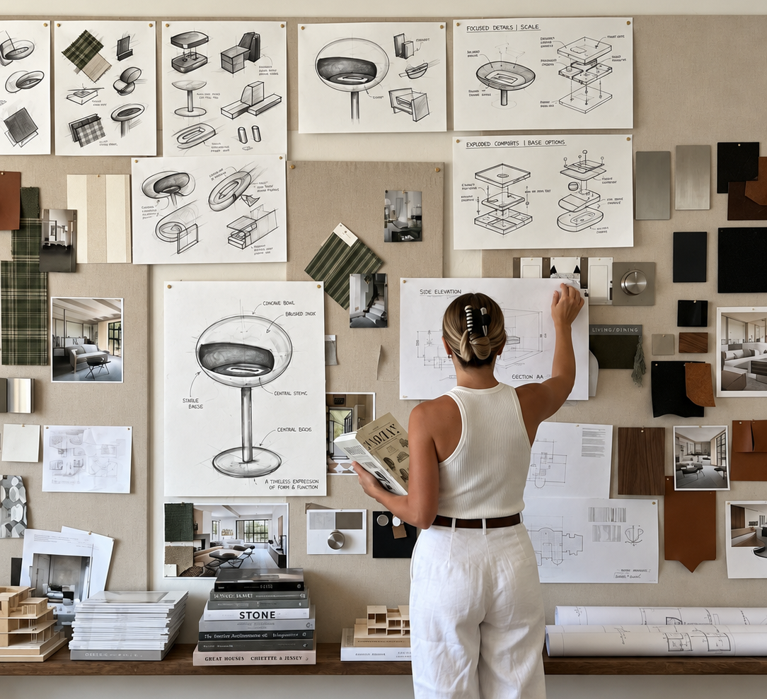 Founder with technical sketch of the ARDĒO Sophia pedestal fireplace